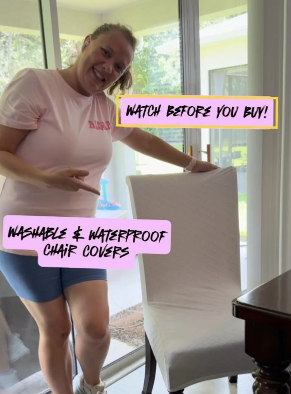 Amber showing a washable chair cover fitted over a dining chair.