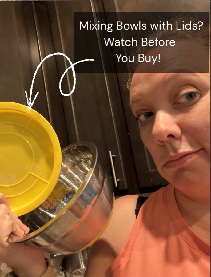 Amber presenting a set of mixing bowls with lids.